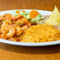 Camarones Rancheros · Shrimp in ranchera sauce  served with rice & beans