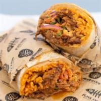 Birria Beef Short Rib Burrito · Comes with rice, beans, green chile aioli, pico de gallo, cilantro, onion, salsa and queso.