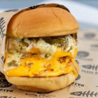 New Mexico Hatch Chile Cheeseburger · Angus beef, garlic aioli, hatch green chile, ketchup, mustard, onions, pickles, American che...