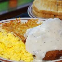 Country Fried Steak · Cubed and dipped in egg batter and dusted with flour. Choose grilled or fried. Topped with c...
