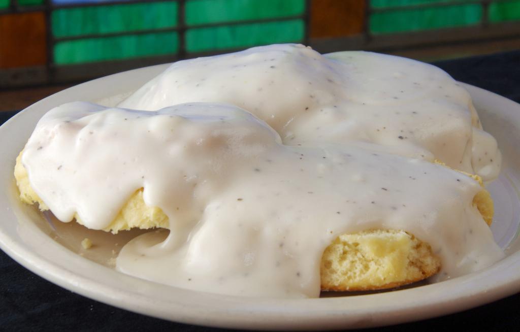Biscuit And Gravy · Two large buttermilk pancakes smothered in country gravy.