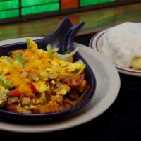 Meat Lovers Bowl · Bacon, sausage, ham, bell peppers and onion scrambled with two eggs on country potatoes and ...