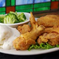 Fried Chicken Dinner · Half a chicken (leg, breast, wing and thigh*) hand breaded and fried to a juicy golden brown...