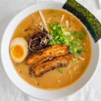Miso Ramen · Pork broth, pork chashu, wood ear mushroom, bean sprouts, green onions, roasted seaweed, 1/2...