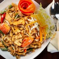 Drunken Noodle  · Pad kee mao. Spicy flat noodle with green onion, onion, chilies, garlic and Thai basil.