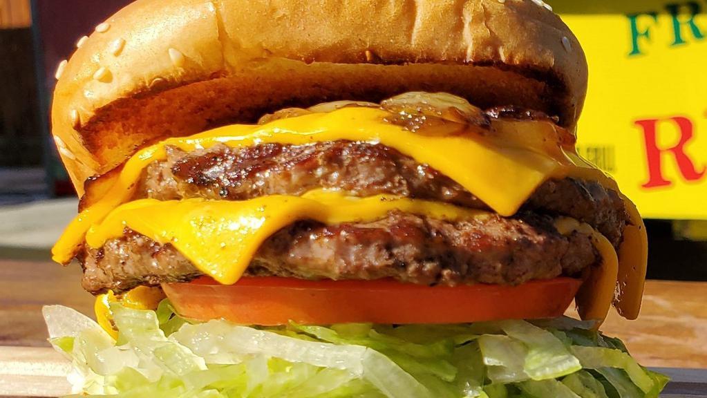 Double Cheese Burger · Mayo, pickles, lettuce, tomato, grilled onions, cheese and 2 patties.