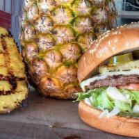 Pineapple Jalapeño Burger · Mayo, pickles, lettuce, tomato, grilled onions,  cheese, pineapple, jalapeños.