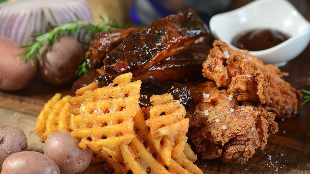Fried Chicken & Ribs · st. louis style ribs, hand breaded boneless chicken breast, waffle fries