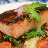 Grilled Salmon · heirloom grains, spinach, citrus scallion drizzle | gff | #