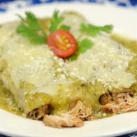 Chicken Enchiladas · rotisserie salsa chicken & roasted salsa, covered w/ salsa verde, jack, cotija & sour cream ...