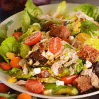 Mia Salad · greens, rotisserie chicken, goat cheese, avocado, dates, grape tomatoes, corn, almonds, lemo...