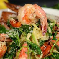Prawn Linguine · wild mexican white prawns, spinach, blistered tomatoes, parmesan, garlic, shallots & beurre ...