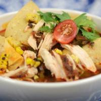 Chicken Tortilla Soup · roasted tomatoes, black beans, rotisserie chicken, cilantro, corn tortilla chips | gff | #