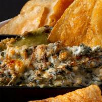 Spinach Dip · spinach, jalapeños blended with cheese & cream, house potato chips | gff