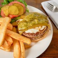El Gordito Burger · Double 1/3 lb. Angus beef, jack cheese, pasilla, grilled onion, garlic salsa verde and chipo...