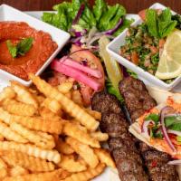 Kafta Kabob | 2 Skewers · Ground beef and lamb mixed with parsley and onion, seasoned to perfection. served with your ...