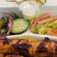 Chicken Kabob · 1 skewer with rice, fries and 1 cold appetizer.