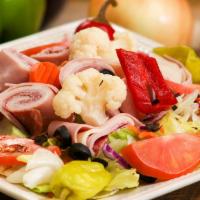 Antipasto Salad · Lettuce, salami, ham, mortadella, mozzarella cheese, black olives, fresh tomatoes, pepperonc...