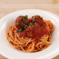 Spaghetti With Meatballs · Spaghetti served with our homemade meatballs in our homemade marinara sauce. Served with a s...
