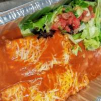Enchiladas · Two cheese enchiladas with rice and beans.