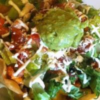Chicken Taco Salad · Free-range breast, flour tortilla shell, spring mix, fajita veggies, pico, guacamole, sour c...