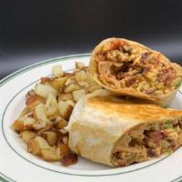 The Logger'S Breakfast Burrito · Bacon, diced green chilies, cheddar cheese, eggs, and salsa mixed with country gravy and stu...