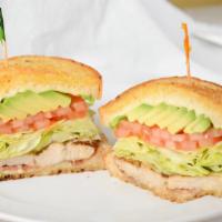 Sourdough Chicken Sandwich · Grilled sourdough bread with Swiss cheese, avocado, bacon, lettuce and tomato.