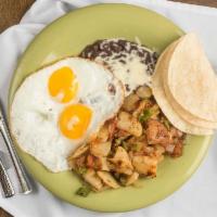 Breakfast Plate · 2 Eggs, diced  potatoes, onions, tomatoes, diced jalapenos, black or pinto beans, and choice...