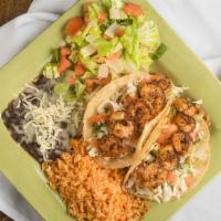 Santa Fe Plate · Two tacos – served with black or pinto beans, rice, fresh salad, chips and salsa.