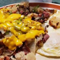 Potato Platter · Bacon, Ham, Onion, Bell Peppers & American Cheese Mixed with Home tries, 2 Eggs & Choice of ...