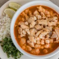 Menudo (Large) · Red chili pepper broth with beef tripe and hominy.
