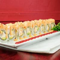 Flaming Joy Roll · Shrimp tempura, crab meat, cucumber, avocado, topped with spicy crab meat shrimp, and drizzl...