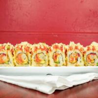 Golden Tiger Roll · Shrimp tempura, spicy albacore, avocado, and sweet radish, lightly fried then topped with sp...