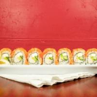 Alaskan Roll · Crab meat cream cheese, avocado, and cucumber, topped with fresh salmon. Served with mustard...