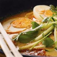 Laksa (#202) · Seafood curry noodle soup. Shrimps, green mussells, squids, fish balls, tofu, beansprout, cu...