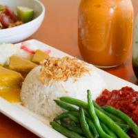 Vegetarian Rames (#006) · Vegan. Vegetarian rice platter. Coconut rice, tofu curry, eggplant chili relish, garlic stri...