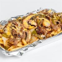 Philly Fries · Crispy french fries topped with thinly sliced philly steak, grilled bell peppers and onions,...