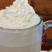 Lavender Clouds Tea Latte (Hot) · Our black tea and lavender latte topped with our house made lavender whip cream