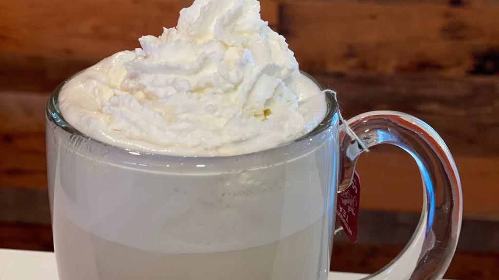 Lavender Clouds Tea Latte (Hot) · Our black tea and lavender latte topped with our house made lavender whip cream