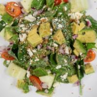 Avocado Quinoa Salad  · Quinoa, grape tomatoes, cucumber, red onion, spinach, avocado, cilantro, feta cheese, with h...