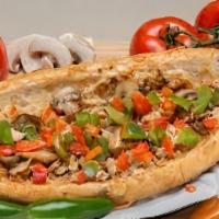 Sweet Pepper Chicken Cheesesteak · Sliced chicken, melted cheese, grilled onions, sweet peppers, hoagie roll.