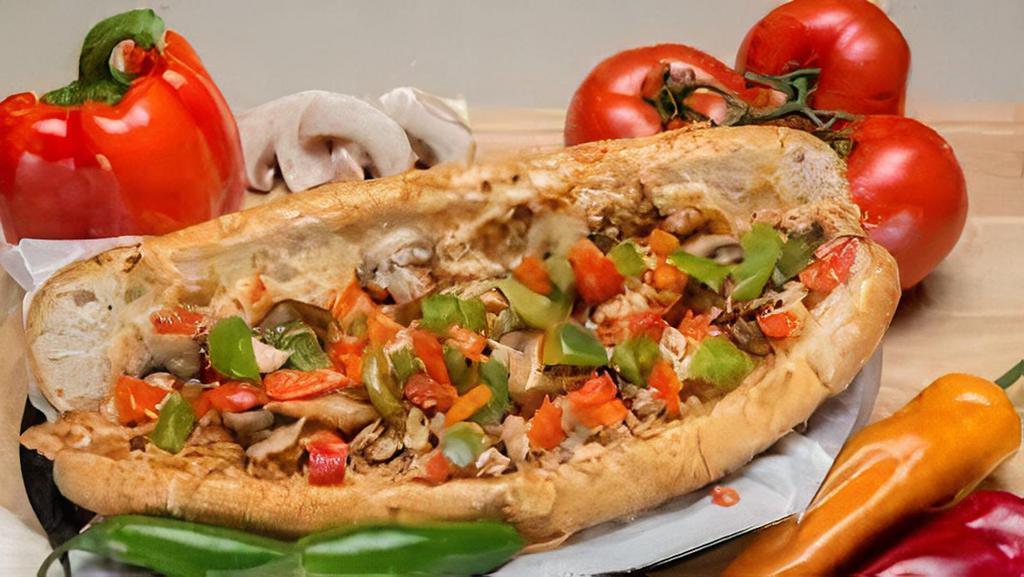 Sweet Pepper Chicken Cheesesteak · Sliced chicken, melted cheese, grilled onions, roasted peppers, hoagie roll.