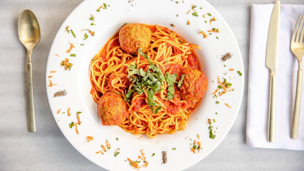 Spaghetti Polpette · Beef meatballs, cherry tomatoes, tomato sauce.