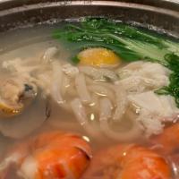 Seafood Udon Nabe · seafood, shrimp, mussel , scallop, veges ,egg, udon noodle