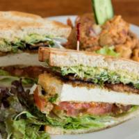 Club Sandwich · Battered baked tofu, tempeh bacon, tomato, avocado lettuce, daikon sprout and eggless mayo o...