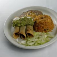 Flautas · Three corn tortillas rolled and deep-fried, stuffed with your choice of shredded beef or chi...