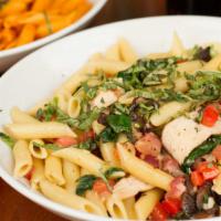 Penne Al Forno · Penne pasta, grilled chicken, pancetta (Italian bacon), spinach, diced tomato, roasted peppe...