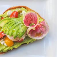 Avocado Toast · Cage Free 7 Minute Egg, Hass Avocado smash, Goat Cheese,  Extra Virgin Olive Oil, Cherry Tom...