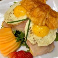 Breakfast Croissant · Black Forest Ham, Two Cage Free Sunny Side Up Eggs, Tomato, Wild Baby Arugula, Mustard Mayo,...