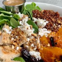 Chicken Squash Salad · Fresh spinach, roasted butternut squash, all-natural grilled chicken breast, red quinoa, fet...